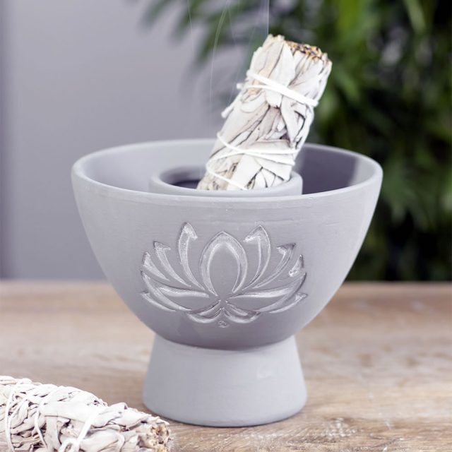 Healing Light Grey Lotus Terracotta Smudge Bowl Photo