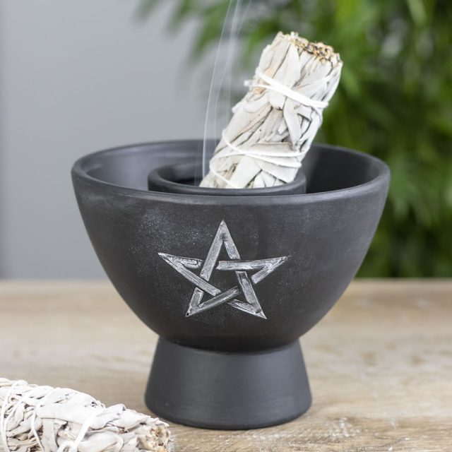 Healing Light Black Pentagram Terracotta Smudge Bowl Photo