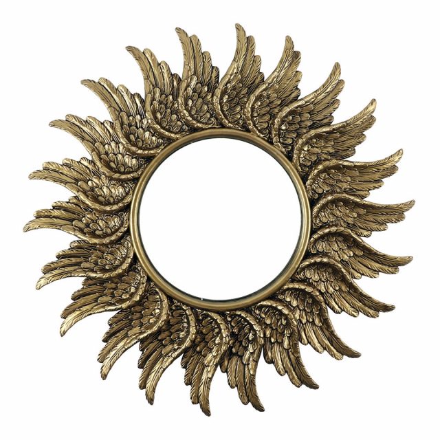Healing Light 47cm Round Antique-Gold-Angel Wing Mirror reverse Photo
